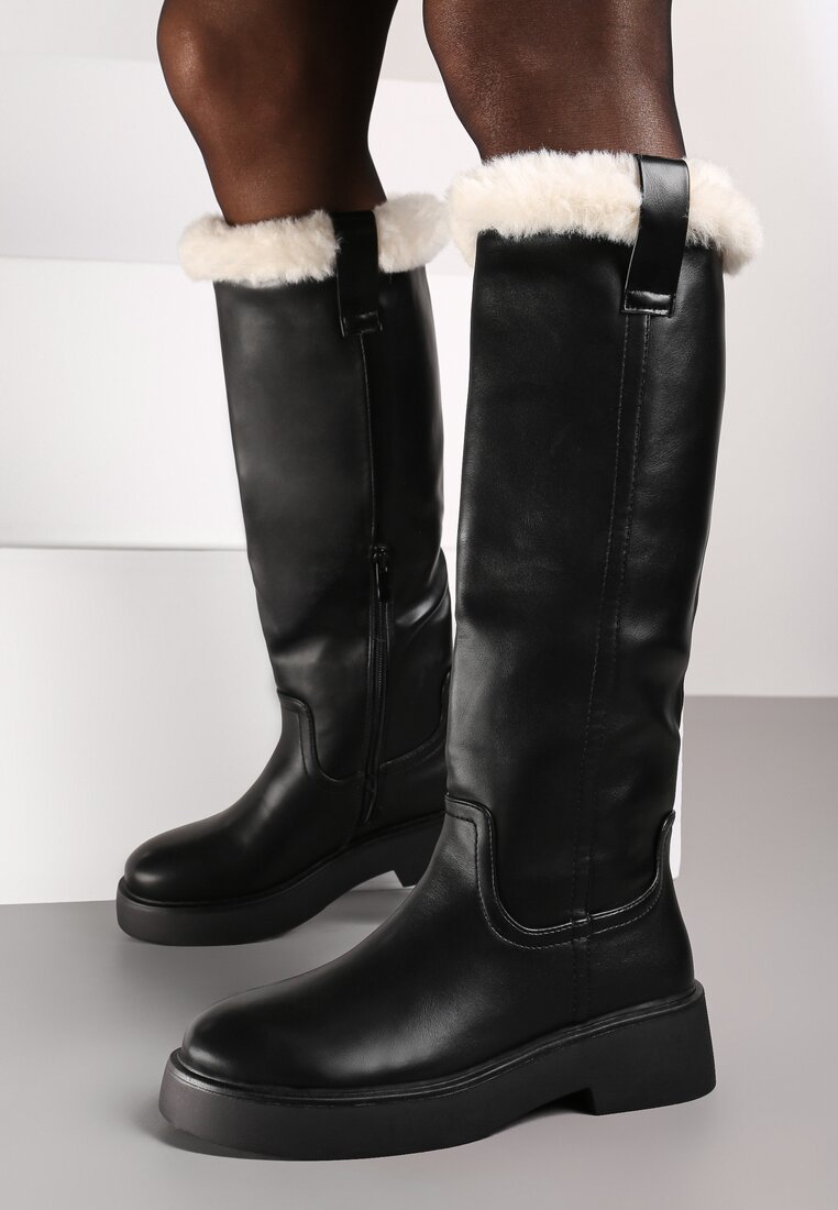 Czarne Kozaki na Grubej Podeszwie Ozdobione Futerkiem Laonina