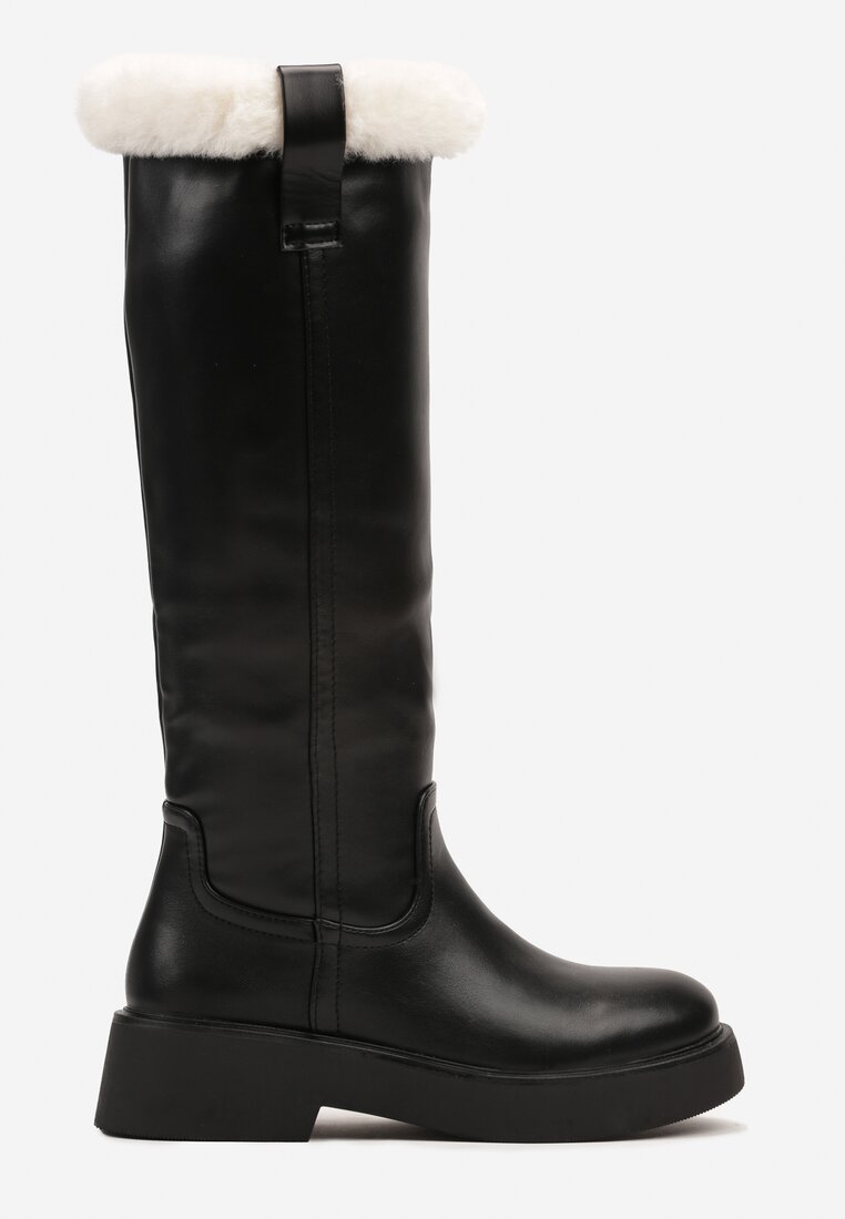 Czarne Kozaki na Grubej Podeszwie Ozdobione Futerkiem Laonina