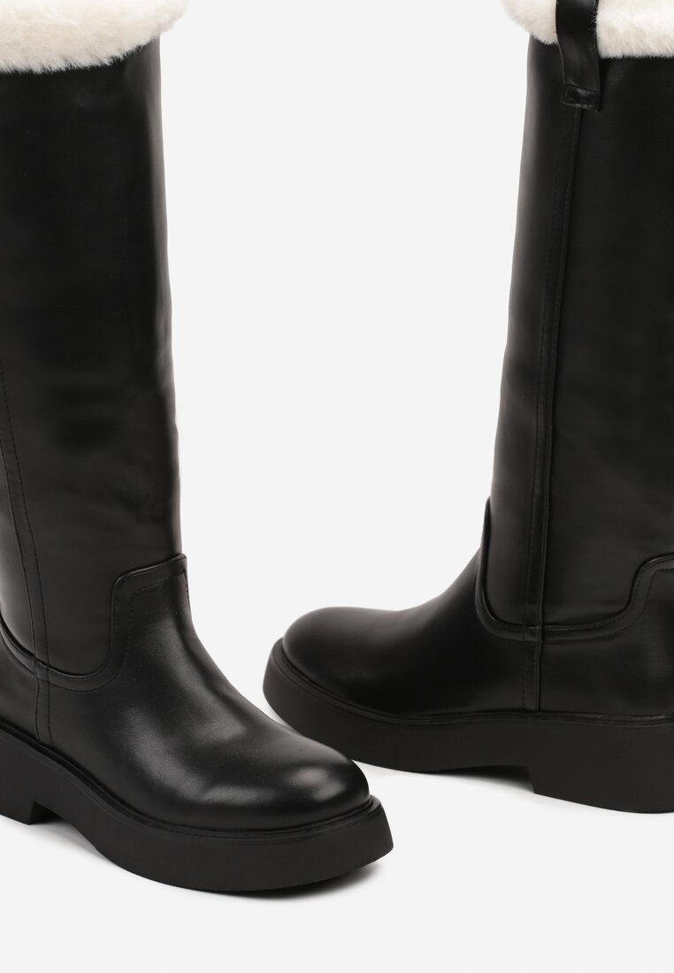 Czarne Kozaki na Grubej Podeszwie Ozdobione Futerkiem Laonina