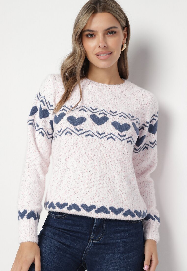 Jasnoróżowy Dzianinowy Sweter w Serca Ritavem