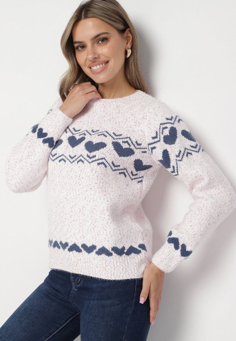 Jasnoróżowy Dzianinowy Sweter w Serca Ritavem