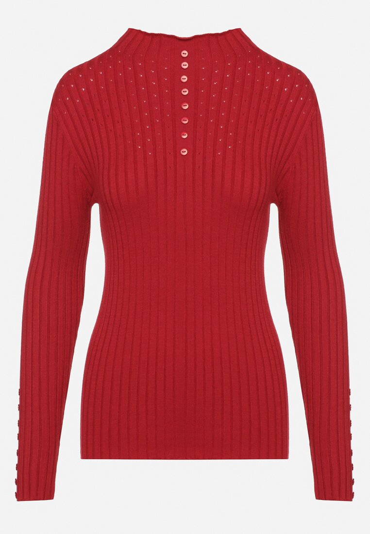Bordowy Dopasowany Sweter Golf z Ozdobnymi Guzikami Oppanla