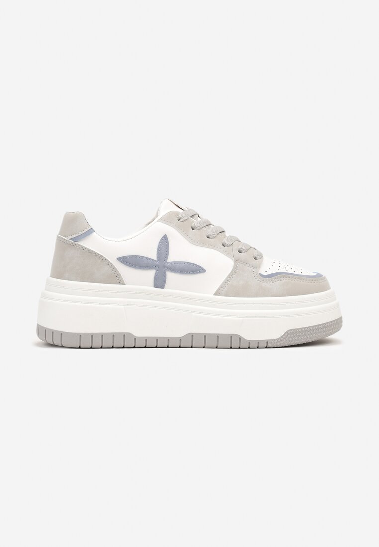 Biało-Szare Sznurowane Sneakersy na Grubszej Podeszwie z Geometrycznym Wzorem Sairana