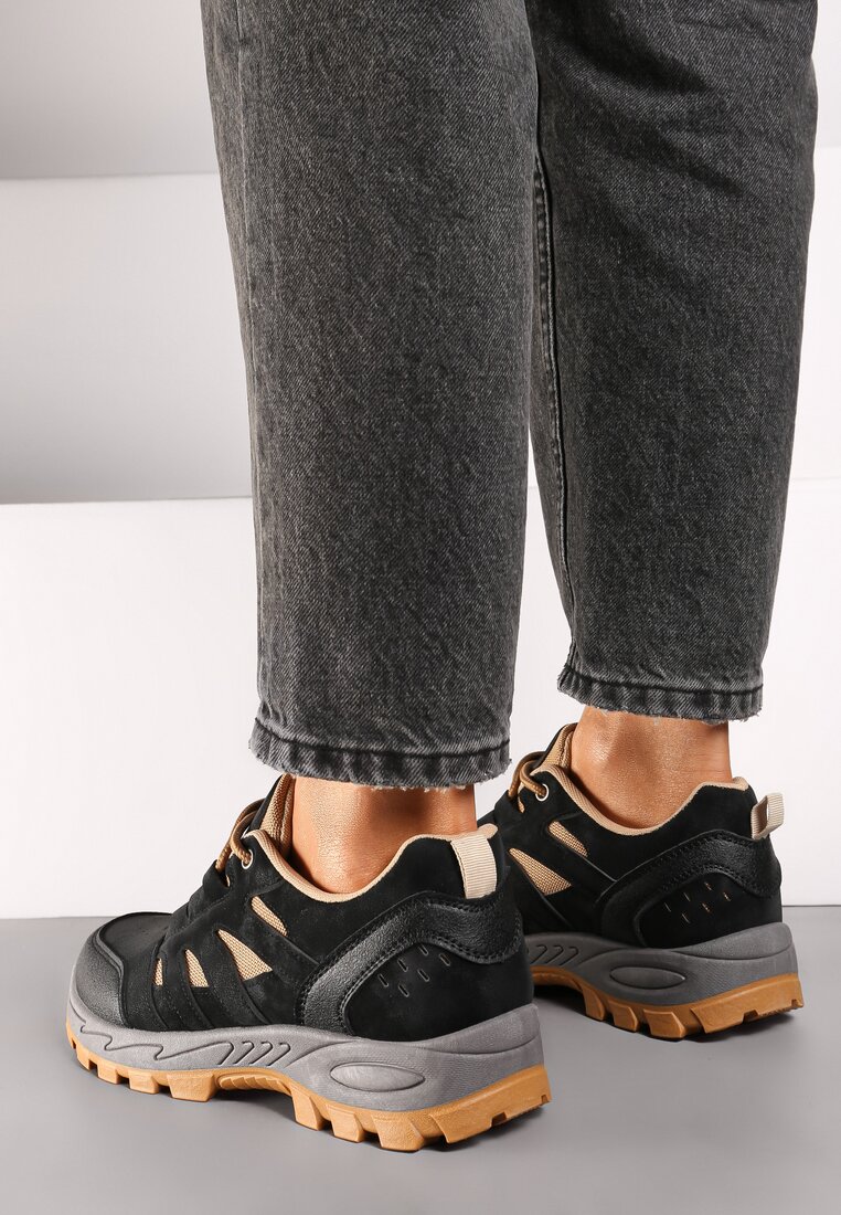Czarne Sznurowane Płaskie Buty Sportowe Sneakersy z Geometrycznymi Wstawkami Betita