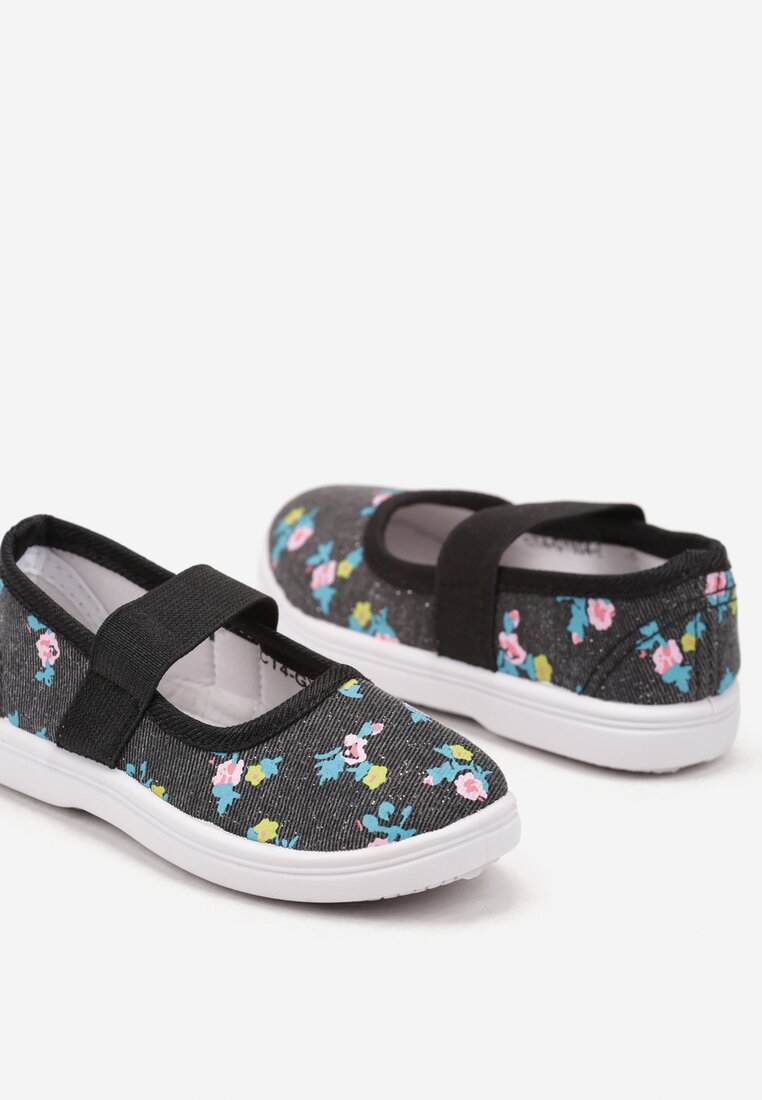 Czarne Płaskie Tenisówki w Kwiaty z Elastyczną Gumką Dezida