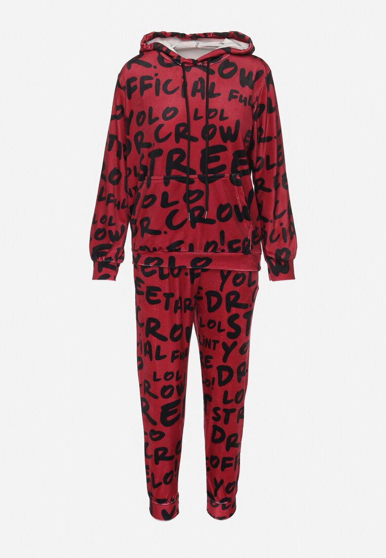 Czerwony Komplet Dresowy z Bluzą z Kapturem i Spodniami Jogger w Graficzny Print Vesila