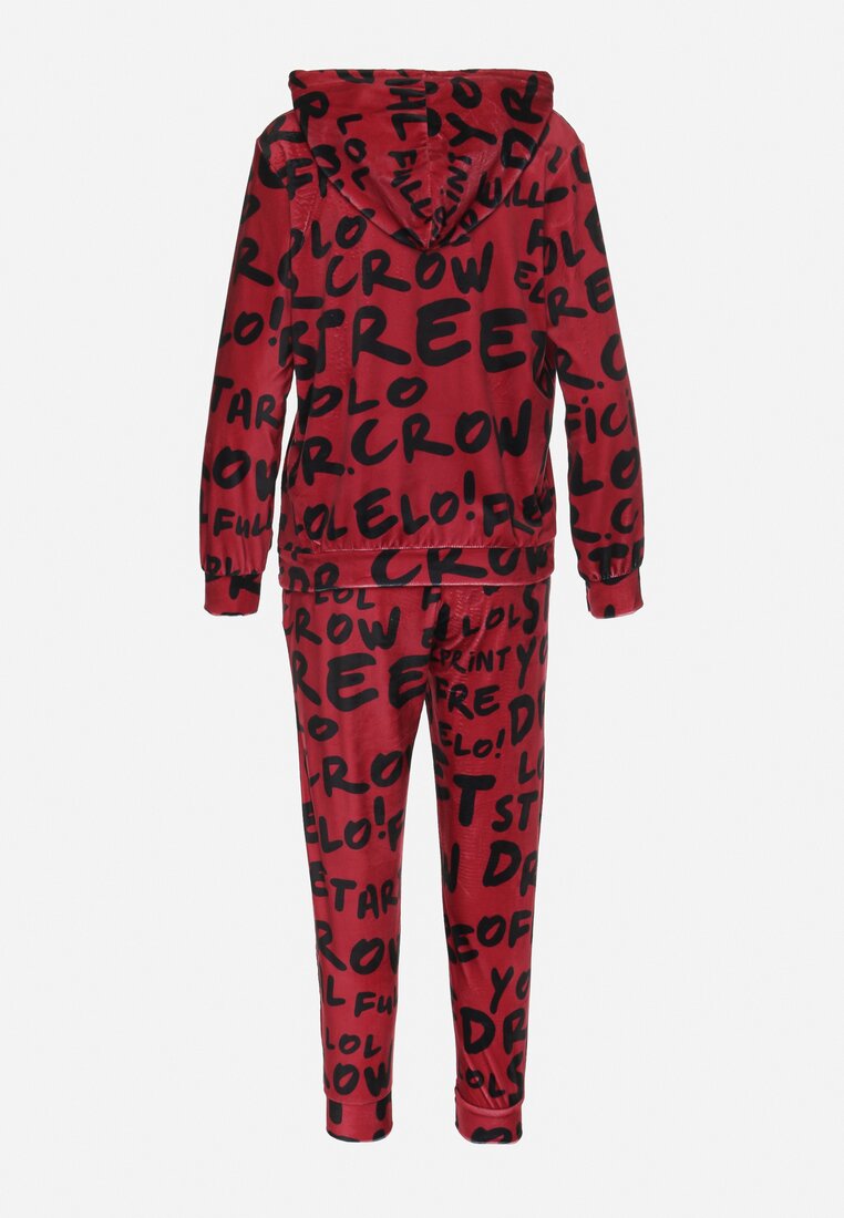 Czerwony Komplet Dresowy z Bluzą z Kapturem i Spodniami Jogger w Graficzny Print Vesila