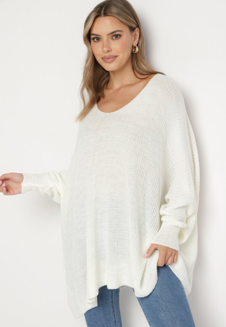 Biały Sweter Oversize z Rękawami Typu Nietoperz Tarvella