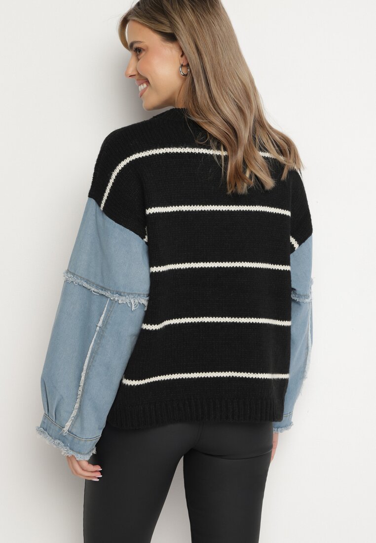 Czarny Sweter w Paski z Jeansowymi Rękawami Naoliana