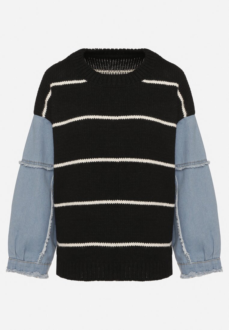 Czarny Sweter w Paski z Jeansowymi Rękawami Naoliana