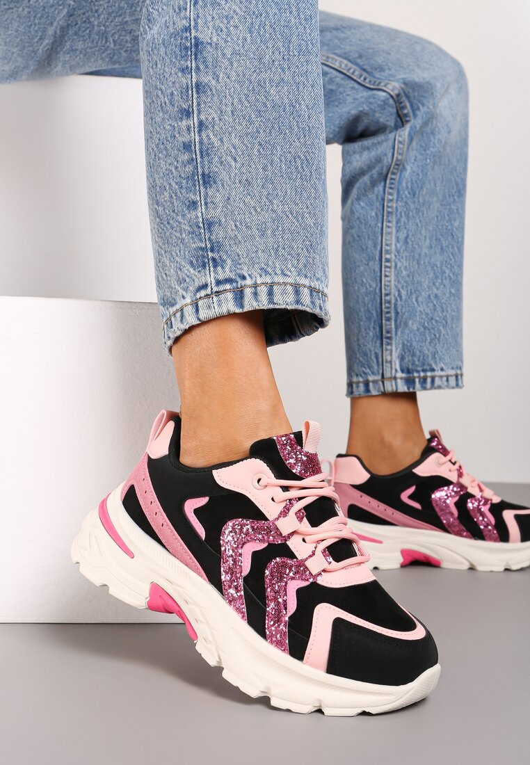 Czarno-Różowe Sneakersy na Grubej Podeszwie z Brokatowymi Wstawkami Sairiel