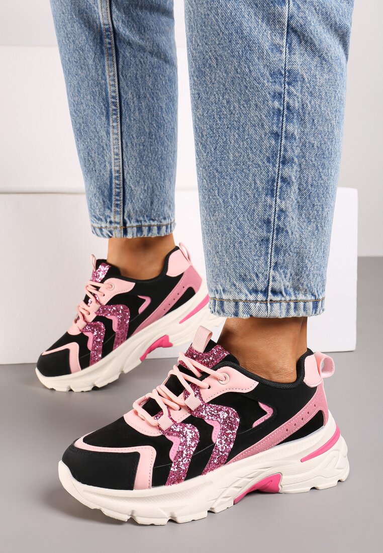 Czarno-Różowe Sneakersy na Grubej Podeszwie z Brokatowymi Wstawkami Sairiel