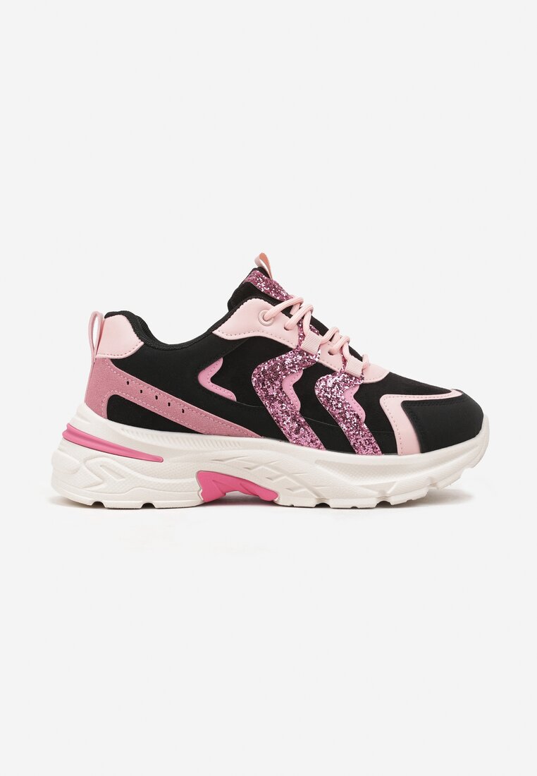 Czarno-Różowe Sneakersy na Grubej Podeszwie z Brokatowymi Wstawkami Sairiel