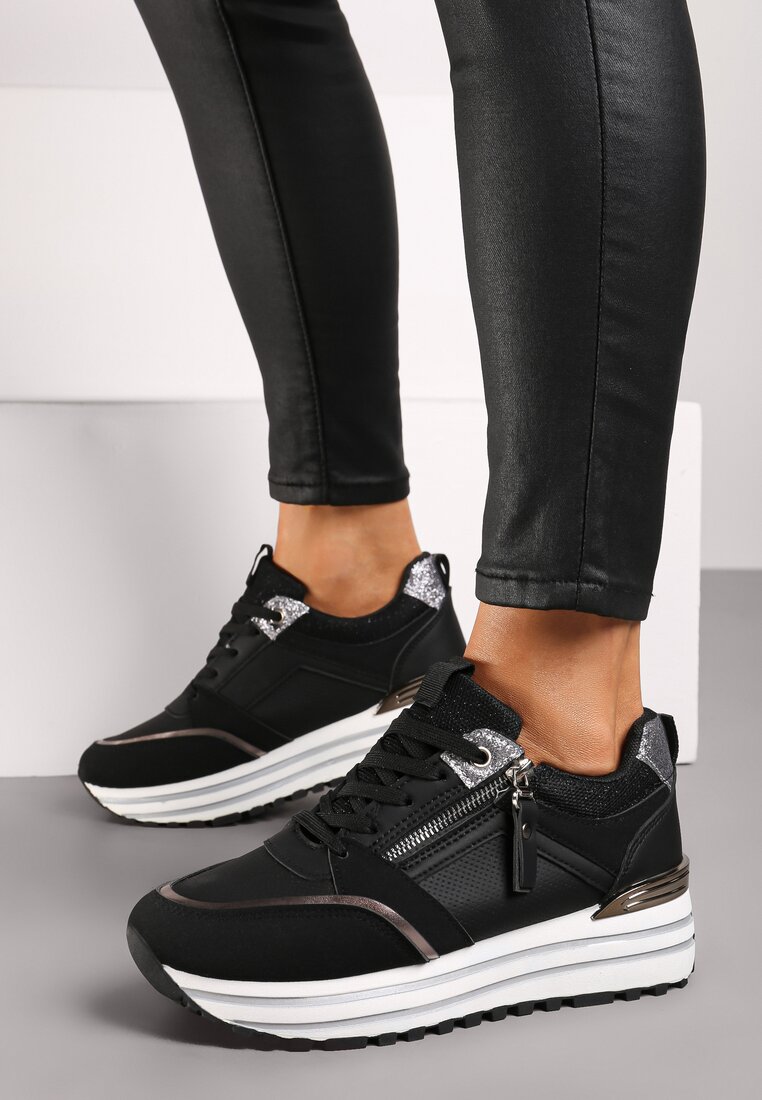 Czarne Sneakersy na Grubej Podeszwie z Brokatowymi Wstawkami i Ozdobnym Suwakiem Mairanne