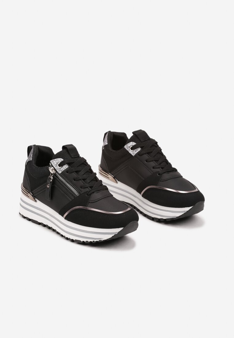 Czarne Sneakersy na Grubej Podeszwie z Brokatowymi Wstawkami i Ozdobnym Suwakiem Mairanne