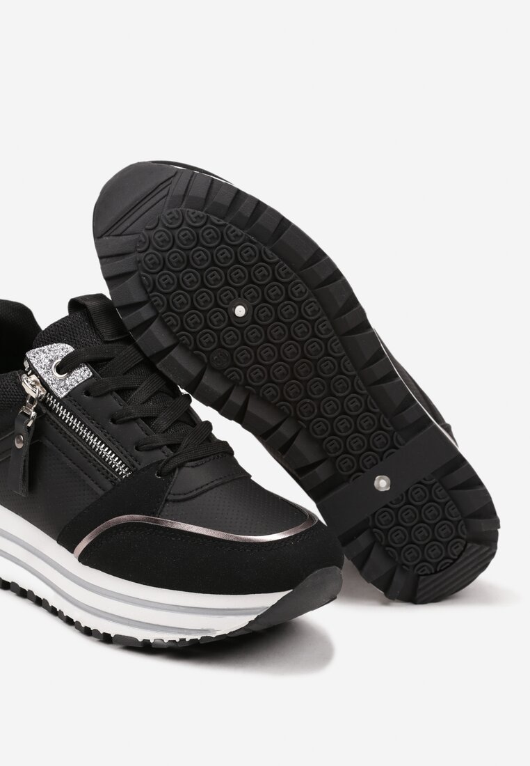 Czarne Sneakersy na Grubej Podeszwie z Brokatowymi Wstawkami i Ozdobnym Suwakiem Mairanne