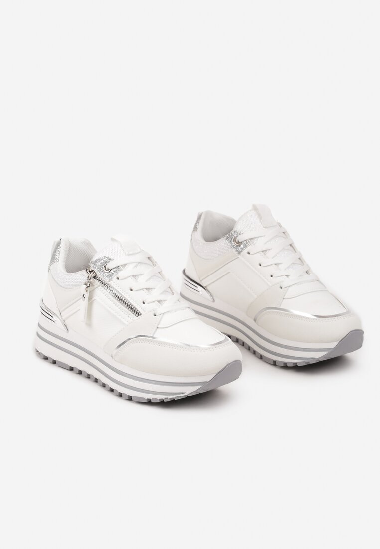 Białe Sneakersy na Grubej Podeszwie z Brokatowymi Wstawkami i Ozdobnym Suwakiem Mairanne