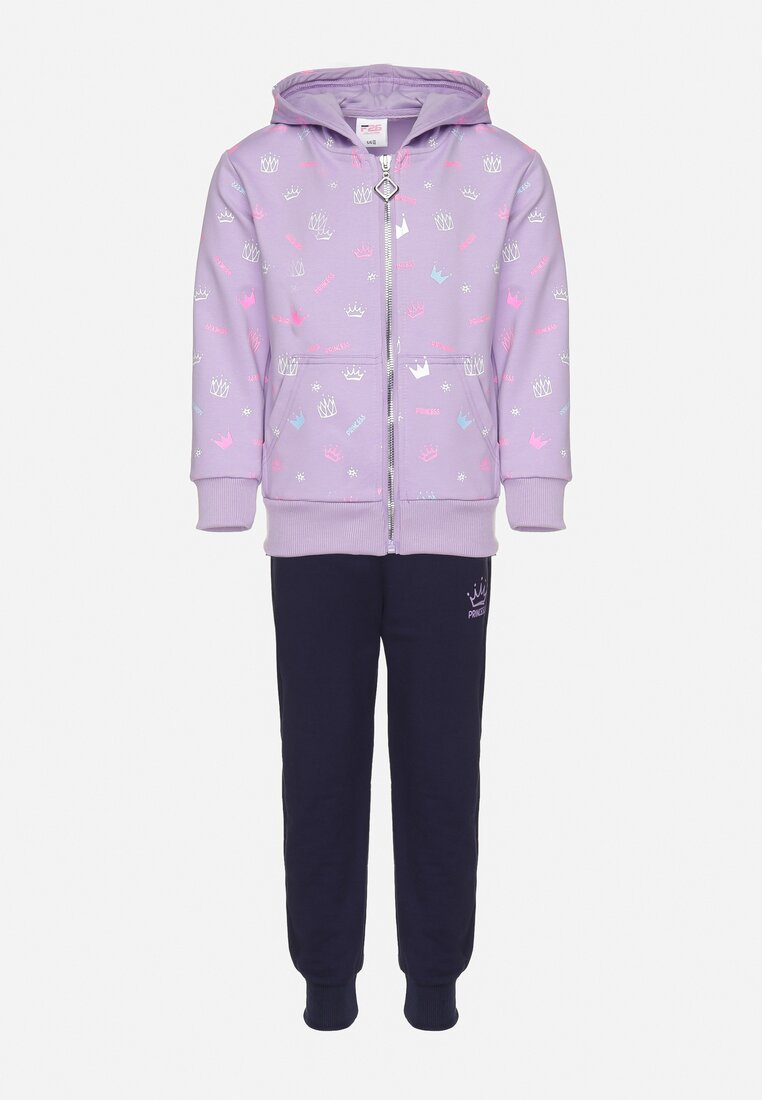 Fioletowy Komplet 3-Częściowy z Bawełną Bluza z Kapturem Koszulka Longsleeve i Spodnie Neritia