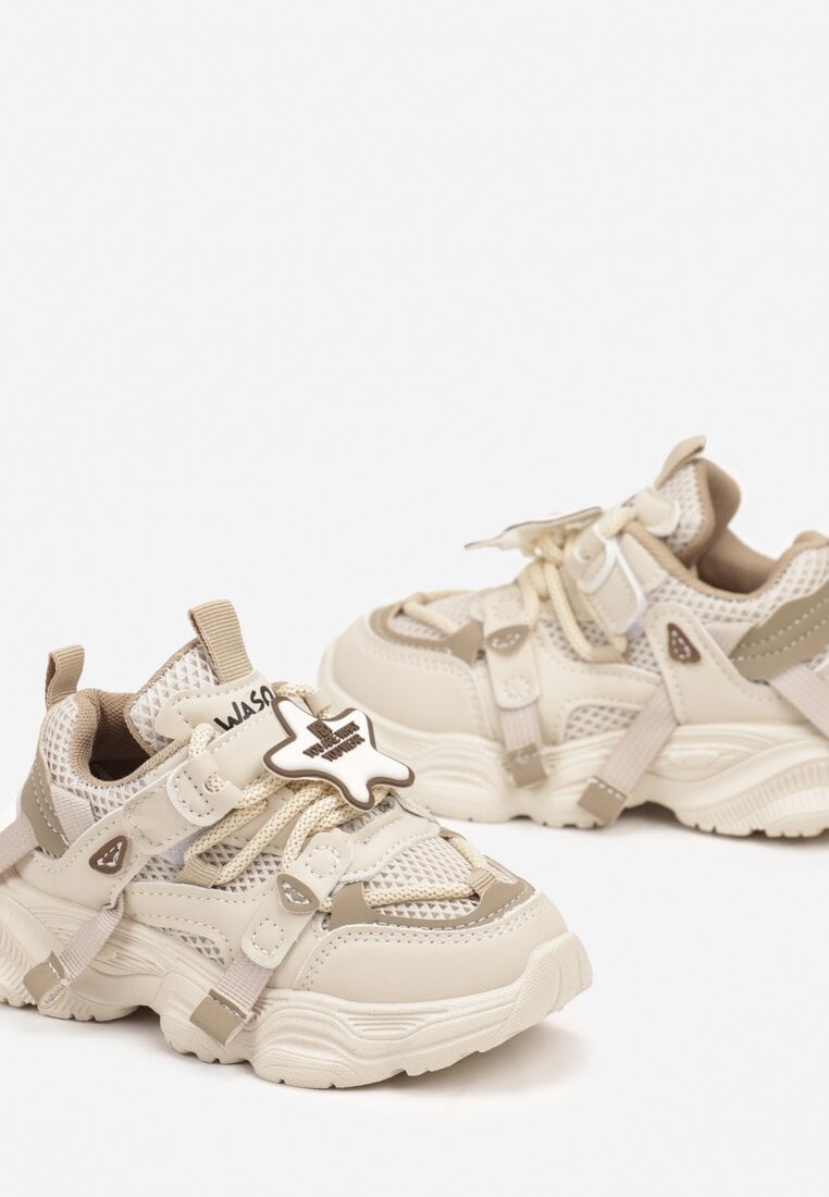 Ciemnobeżowe Sznurowane Buty Sportowe Sneakersy na Grubej Podeszwie Ozdobione Paskami Cletra