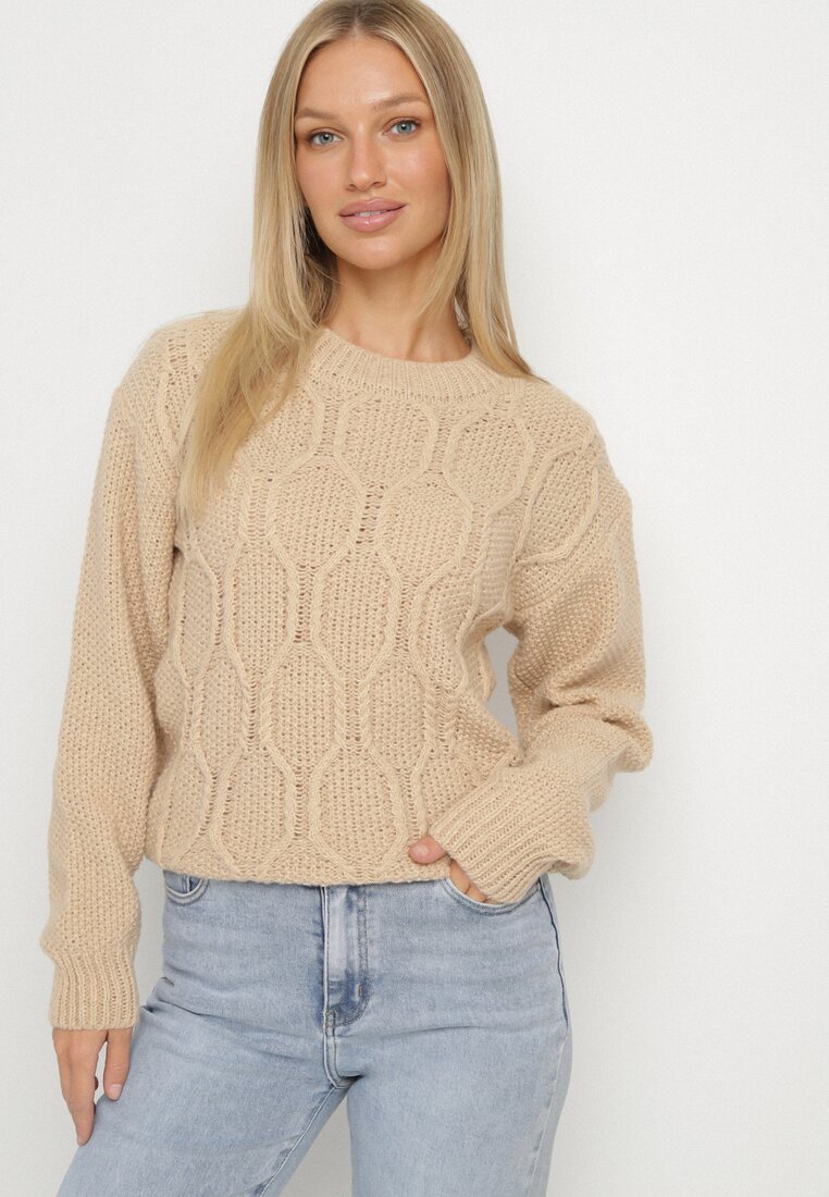 Beżowy Sweter z Wełną Ozdobiony Splotem i Ściągaczami Terevella