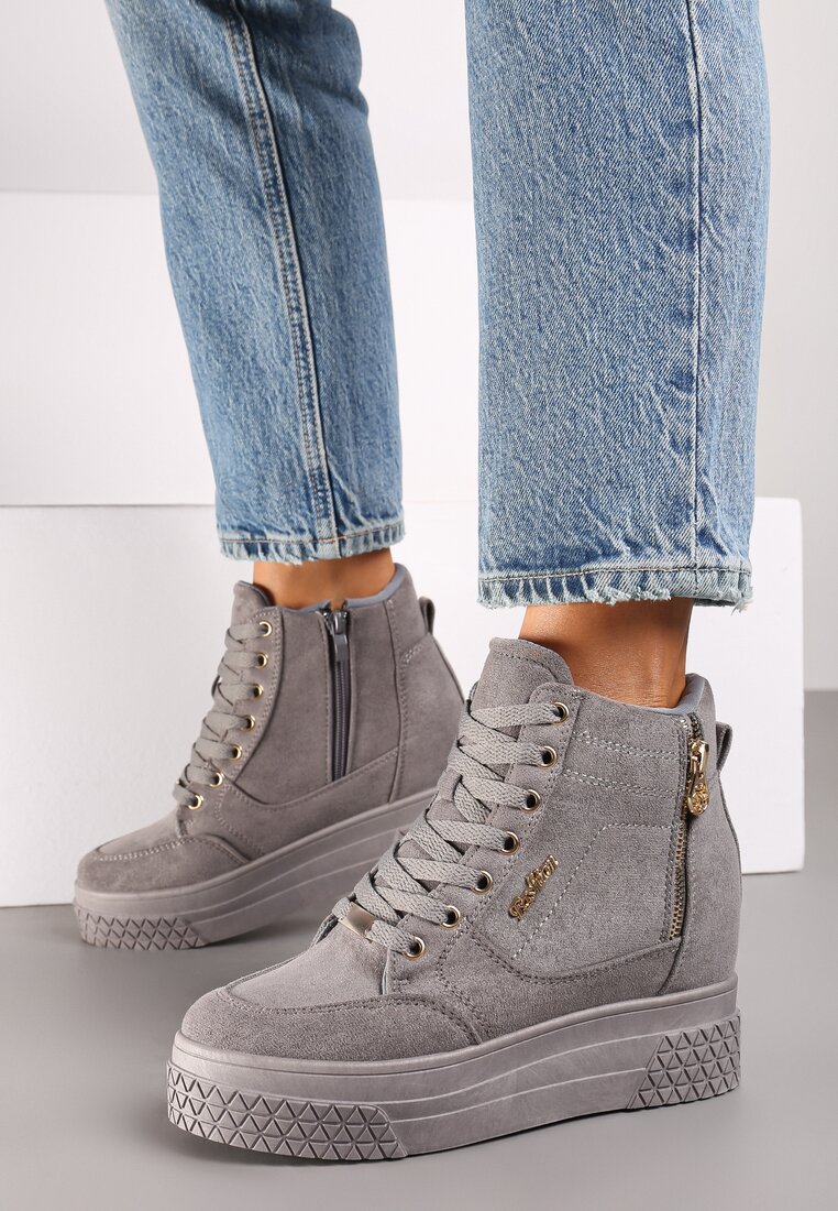 Szare Sneakersy na Ukrytym Koturnie z Metalicznymi Wstawkami i Ozdobnym Suwakiem Daimana