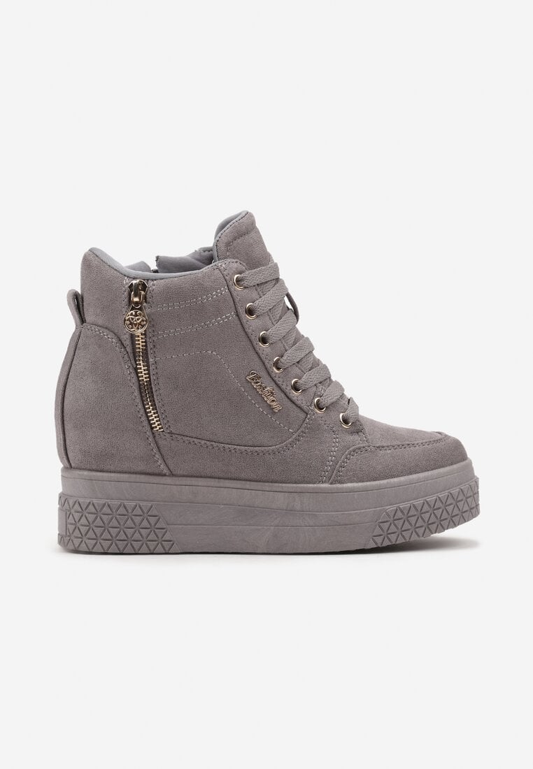 Szare Sneakersy na Ukrytym Koturnie z Metalicznymi Wstawkami i Ozdobnym Suwakiem Daimana