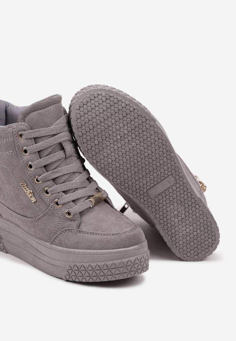 Szare Sneakersy na Ukrytym Koturnie z Metalicznymi Wstawkami i Ozdobnym Suwakiem Daimana