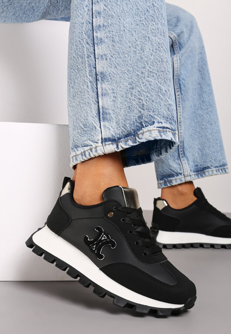 Czarne Płaskie Sneakersy z Metalicznymi Wstawkami i Sznurowaniem Zetista