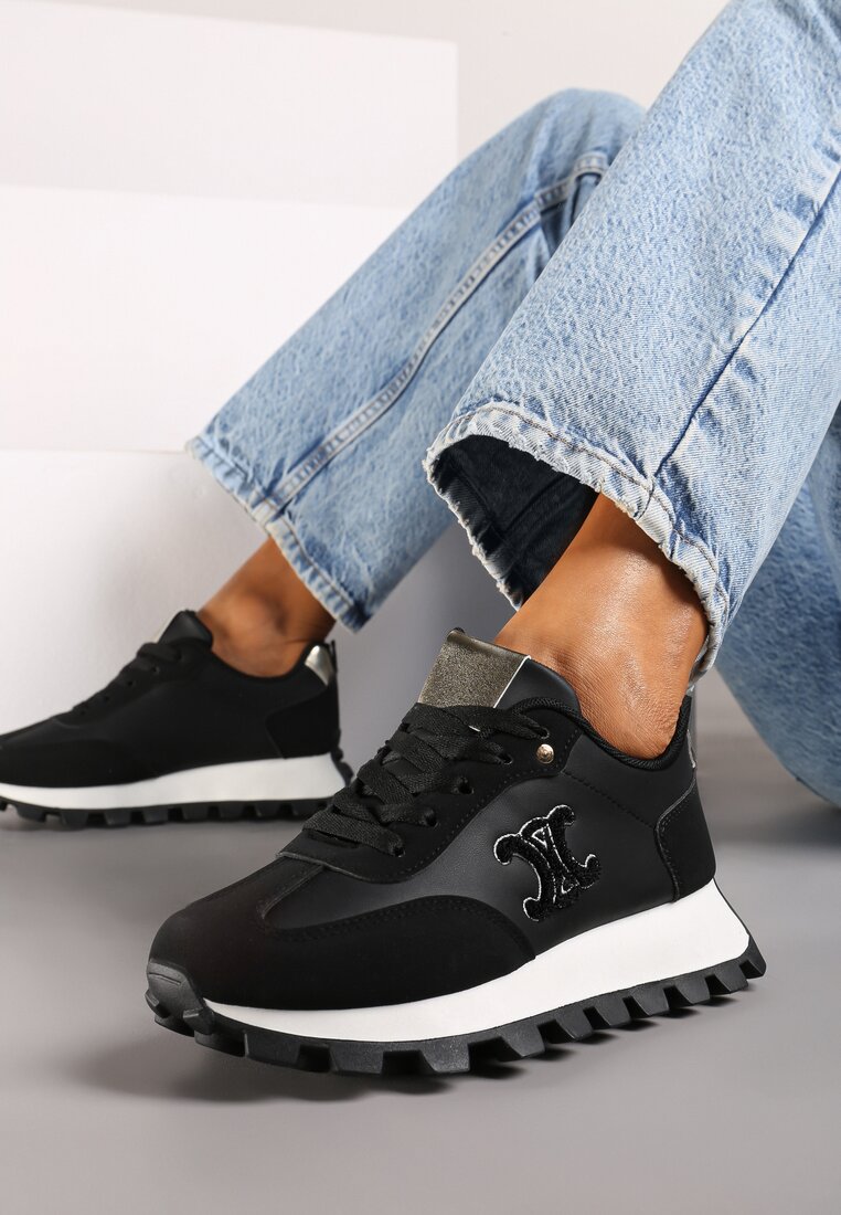 Czarne Płaskie Sneakersy z Metalicznymi Wstawkami i Sznurowaniem Zetista