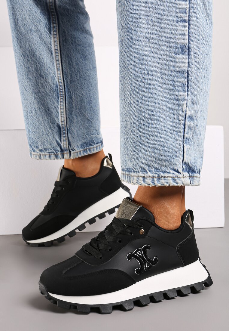 Czarne Płaskie Sneakersy z Metalicznymi Wstawkami i Sznurowaniem Zetista