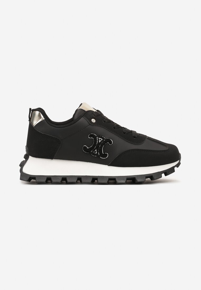 Czarne Płaskie Sneakersy z Metalicznymi Wstawkami i Sznurowaniem Zetista