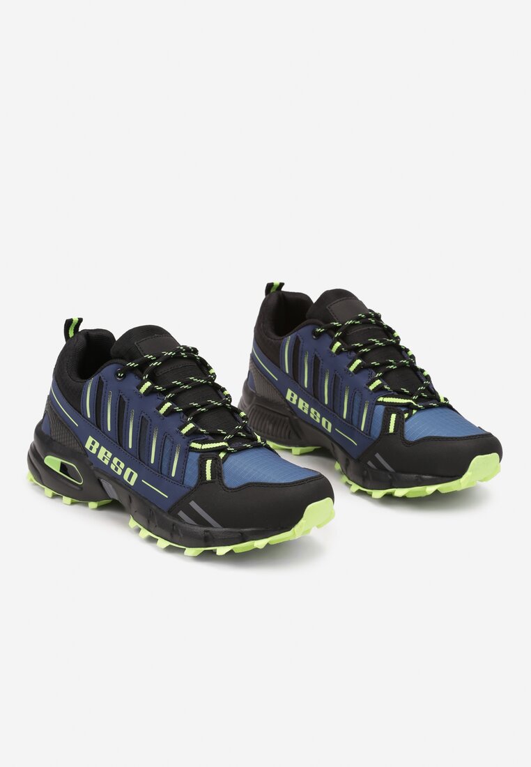 Granatowo-Zielone Płaskie Buty Sportowe Sneakersy z Napisem i Paskami Taile