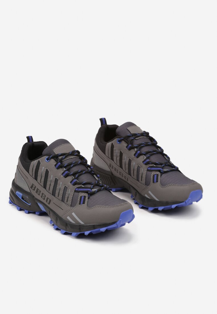 Szaro-Niebieskie Płaskie Buty Sportowe Sneakersy z Napisem i Paskami Taile