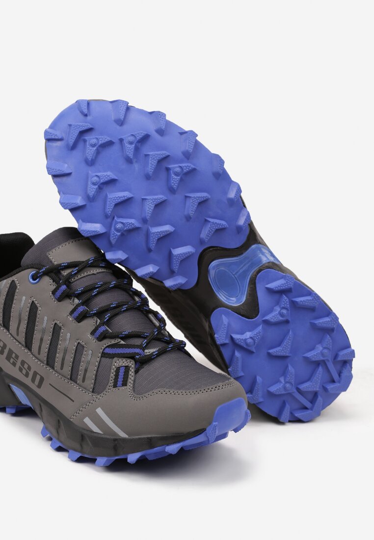 Szaro-Niebieskie Płaskie Buty Sportowe Sneakersy z Napisem i Paskami Taile