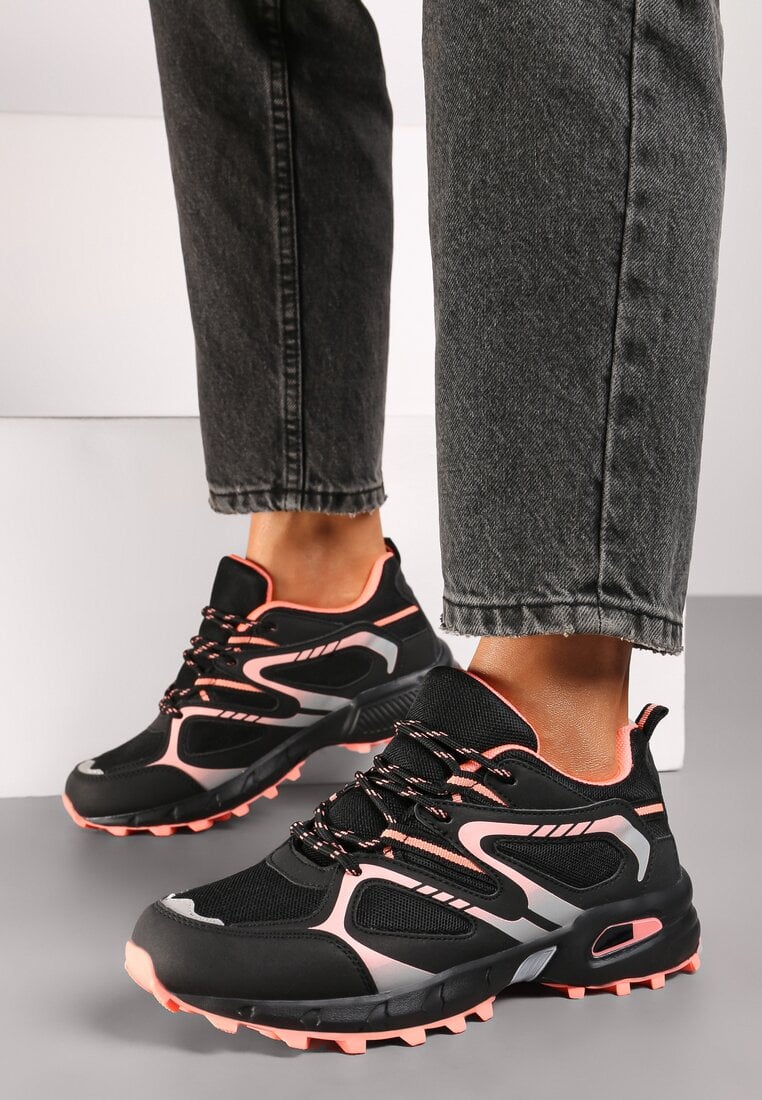 Czarno-Różowe Płaskie Sznurowane Buty Sportowe Sneakersy Ozdobione Tłoczeniem Raisha