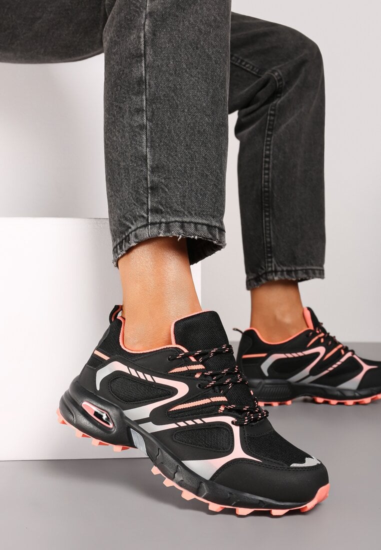 Czarno-Różowe Płaskie Sznurowane Buty Sportowe Sneakersy Ozdobione Tłoczeniem Raisha