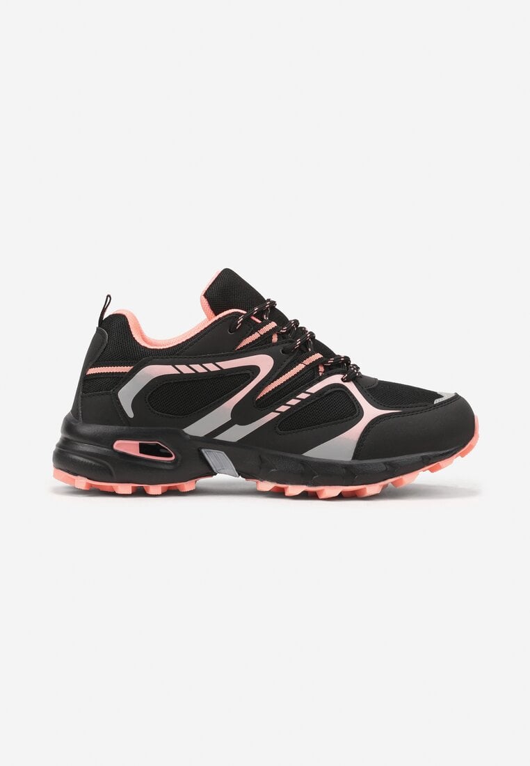 Czarno-Różowe Płaskie Sznurowane Buty Sportowe Sneakersy Ozdobione Tłoczeniem Raisha
