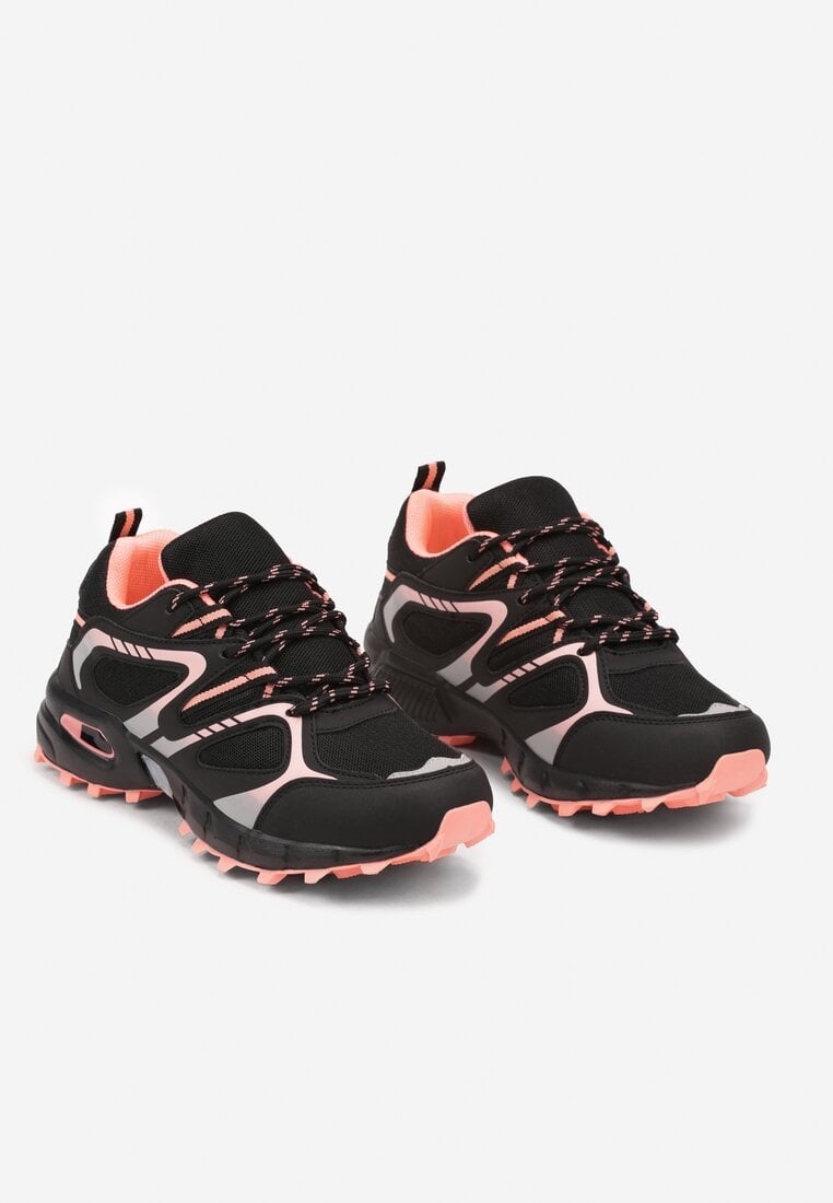 Czarno-Różowe Płaskie Sznurowane Buty Sportowe Sneakersy Ozdobione Tłoczeniem Raisha