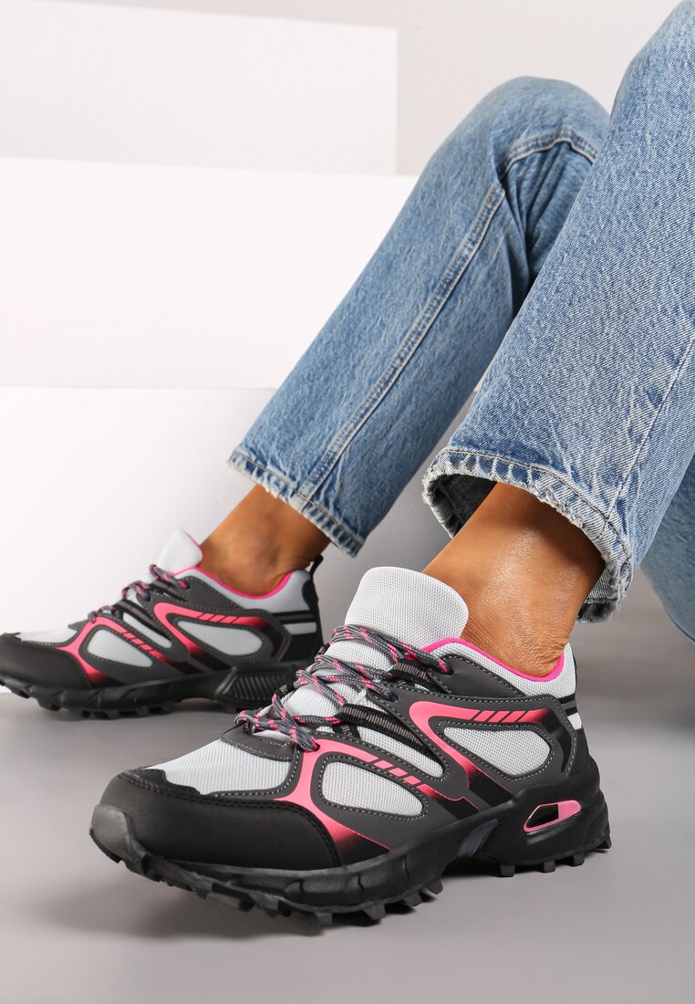 Szaro-Fuksjowe Płaskie Sznurowane Buty Sportowe Sneakersy Ozdobione Tłoczeniem Raisha