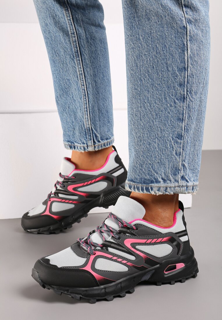 Szaro-Fuksjowe Płaskie Sznurowane Buty Sportowe Sneakersy Ozdobione Tłoczeniem Raisha