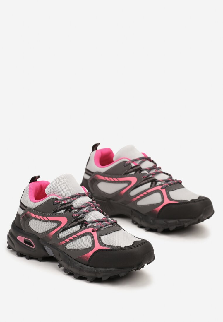 Szaro-Fuksjowe Płaskie Sznurowane Buty Sportowe Sneakersy Ozdobione Tłoczeniem Raisha