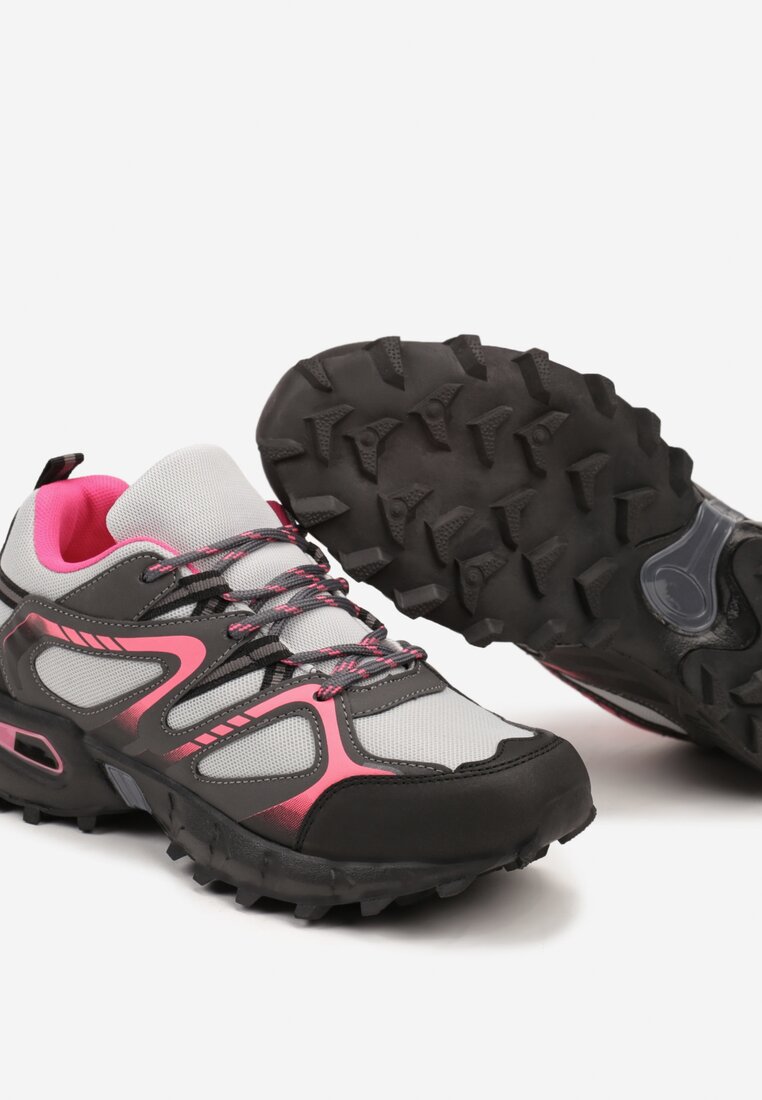 Szaro-Fuksjowe Płaskie Sznurowane Buty Sportowe Sneakersy Ozdobione Tłoczeniem Raisha