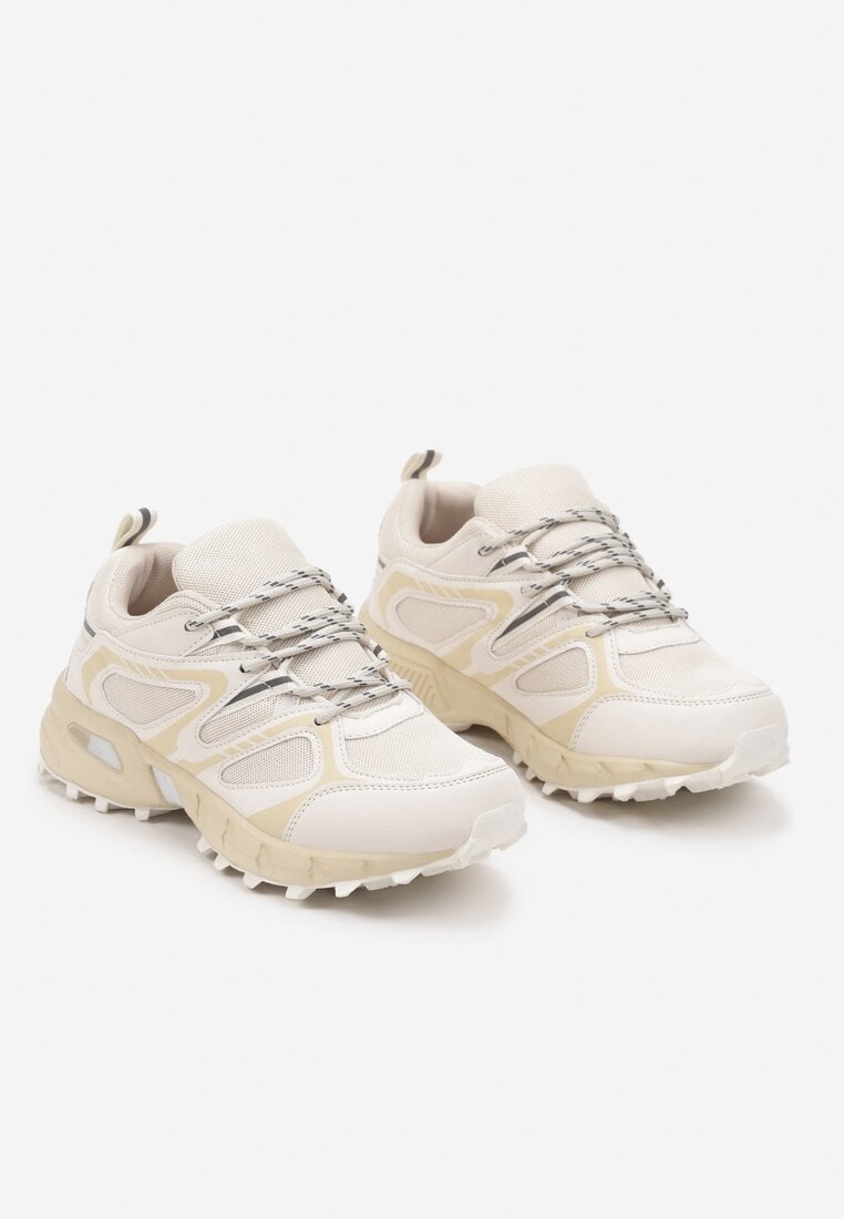Beżowe Płaskie Sznurowane Buty Sportowe Sneakersy Ozdobione Tłoczeniem Raisha