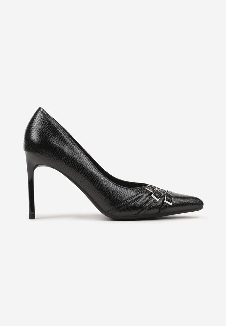 Czarne Eleganckie Szpilki ze Szpiczastym Noskiem i Ozdobnymi Klamerkami Raiyanna