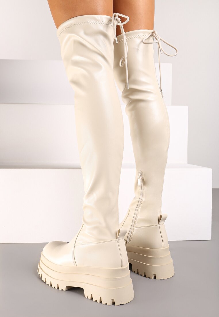 Beżowe Wysokie Kozaki Muszkieterki na Tłoczonej Platformie z Regulowaną Cholewką za Kolano Raivira