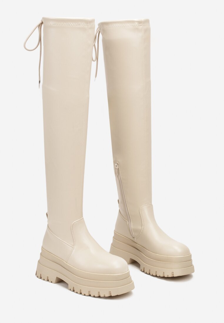 Beżowe Wysokie Kozaki Muszkieterki na Tłoczonej Platformie z Regulowaną Cholewką za Kolano Raivira