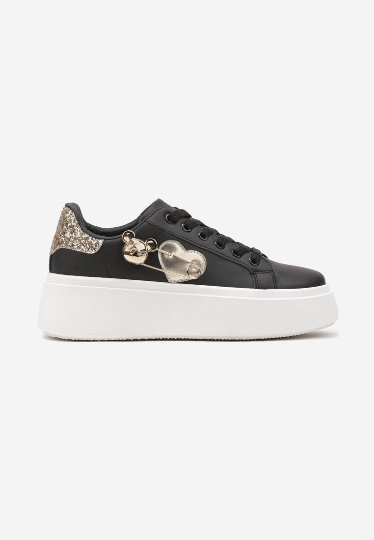 Czarno-Złote Sneakersy na Grubej Podeszwie z Brokatowymi Wstawkami i Sercami Riaven