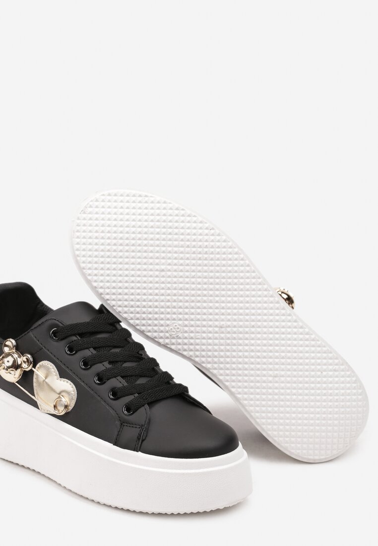 Czarno-Złote Sneakersy na Grubej Podeszwie z Brokatowymi Wstawkami i Sercami Riaven
