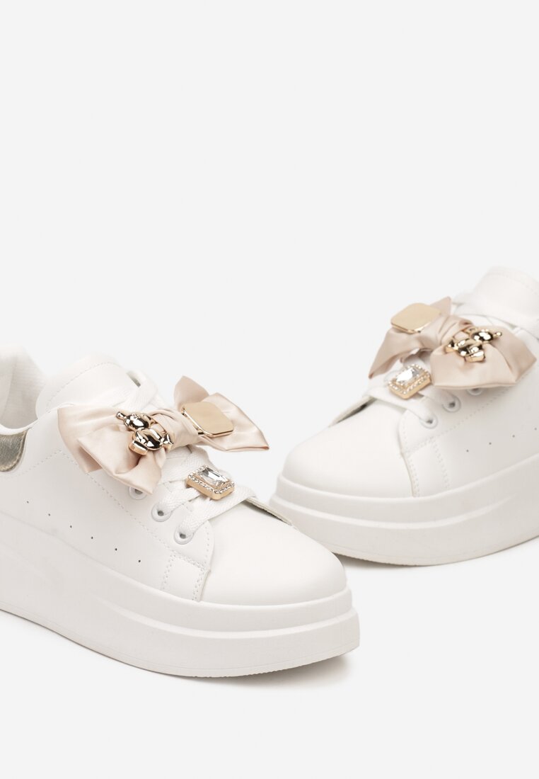 Biało-Złote Sneakersy na Grubej Podeszwie z Kokardą i Metaliczną Ozdobą Rorira