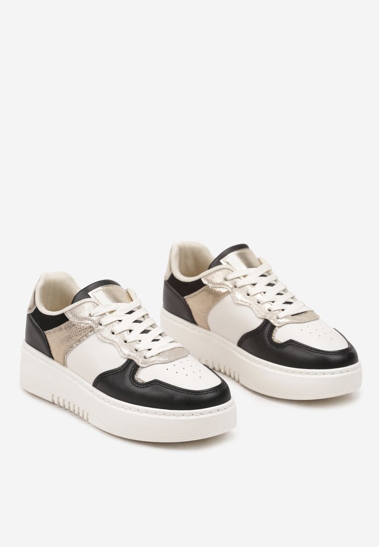 Czarno-Beżowe Sneakersy na Grubej Podeszwie z Metaliczną Wstawką Miathra